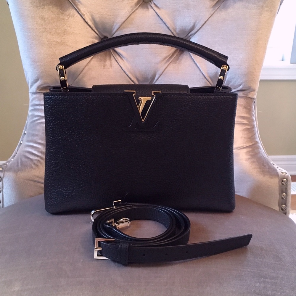 LV bag with long shoulder strap, black with gold hardware